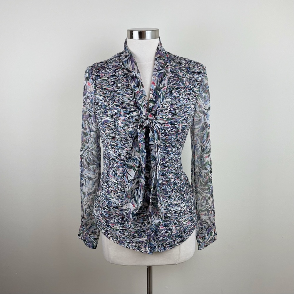 Catherine Malandrino 100% Silk Gray Blue Colorful Floral Blouse Top Women Size 6